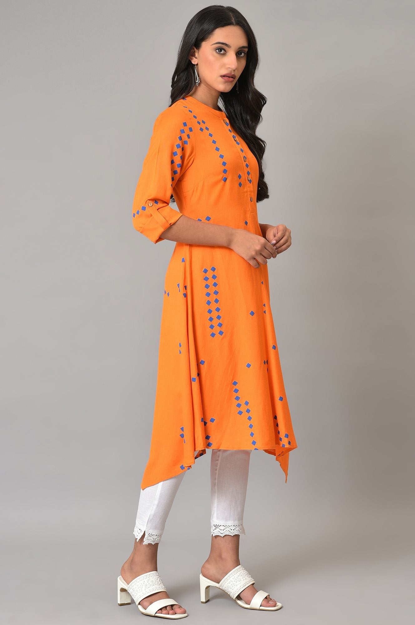 Orange Printed Asymmetrical Plus Size kurta