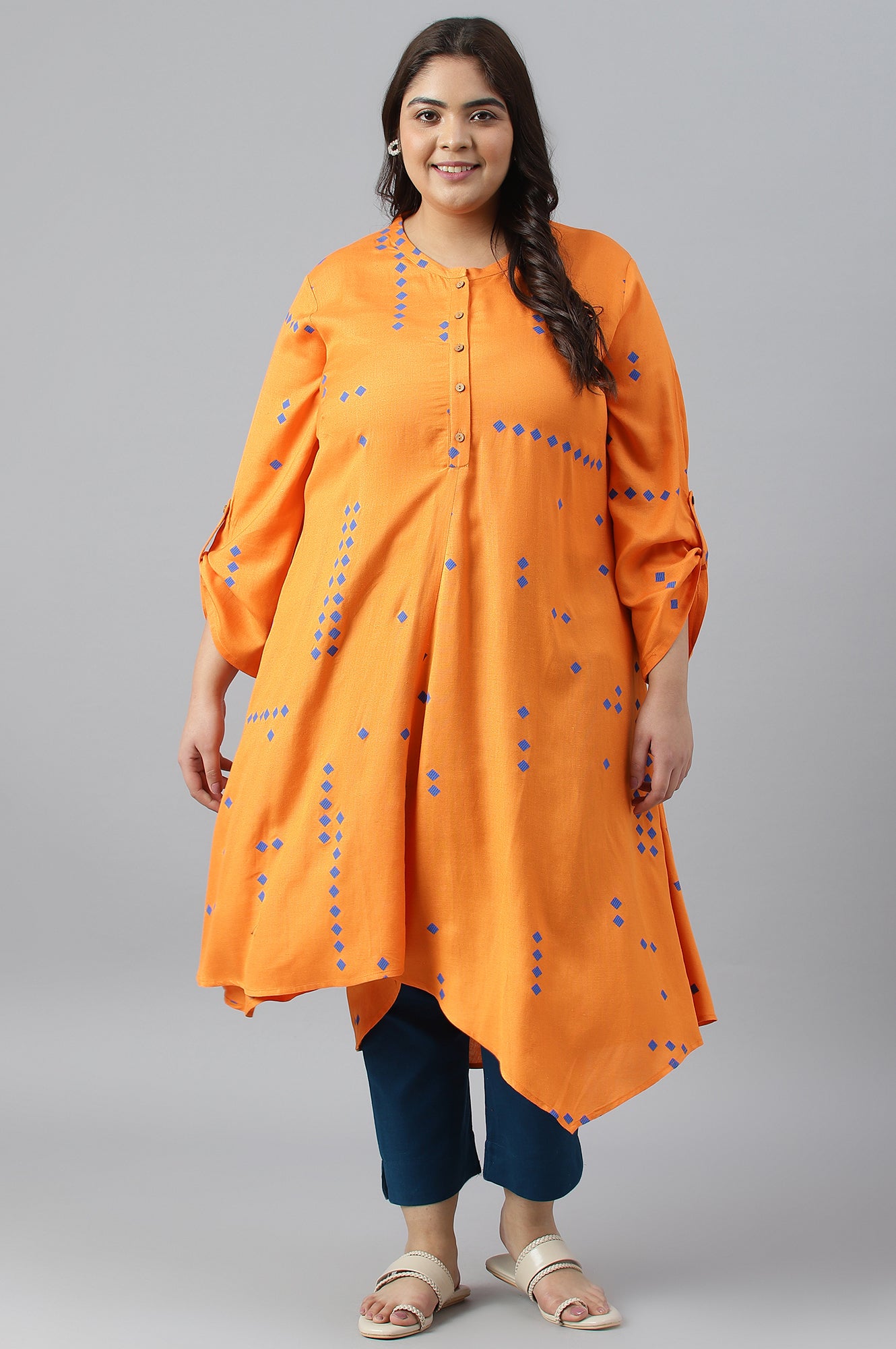 Orange Printed Asymmetrical Plus Size kurta