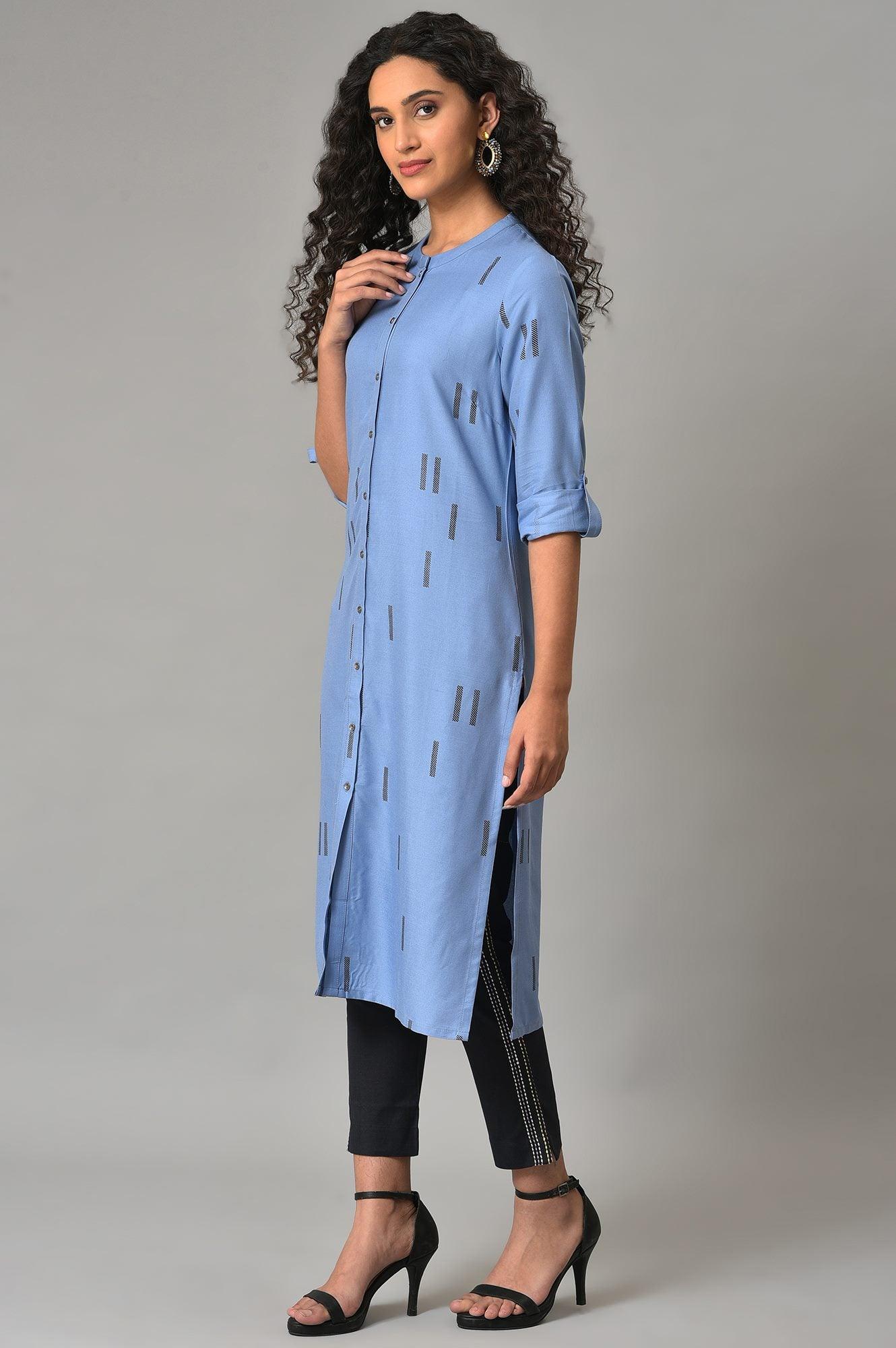 Blue Geometric Print Plus Size Shirt kurta - wforwoman
