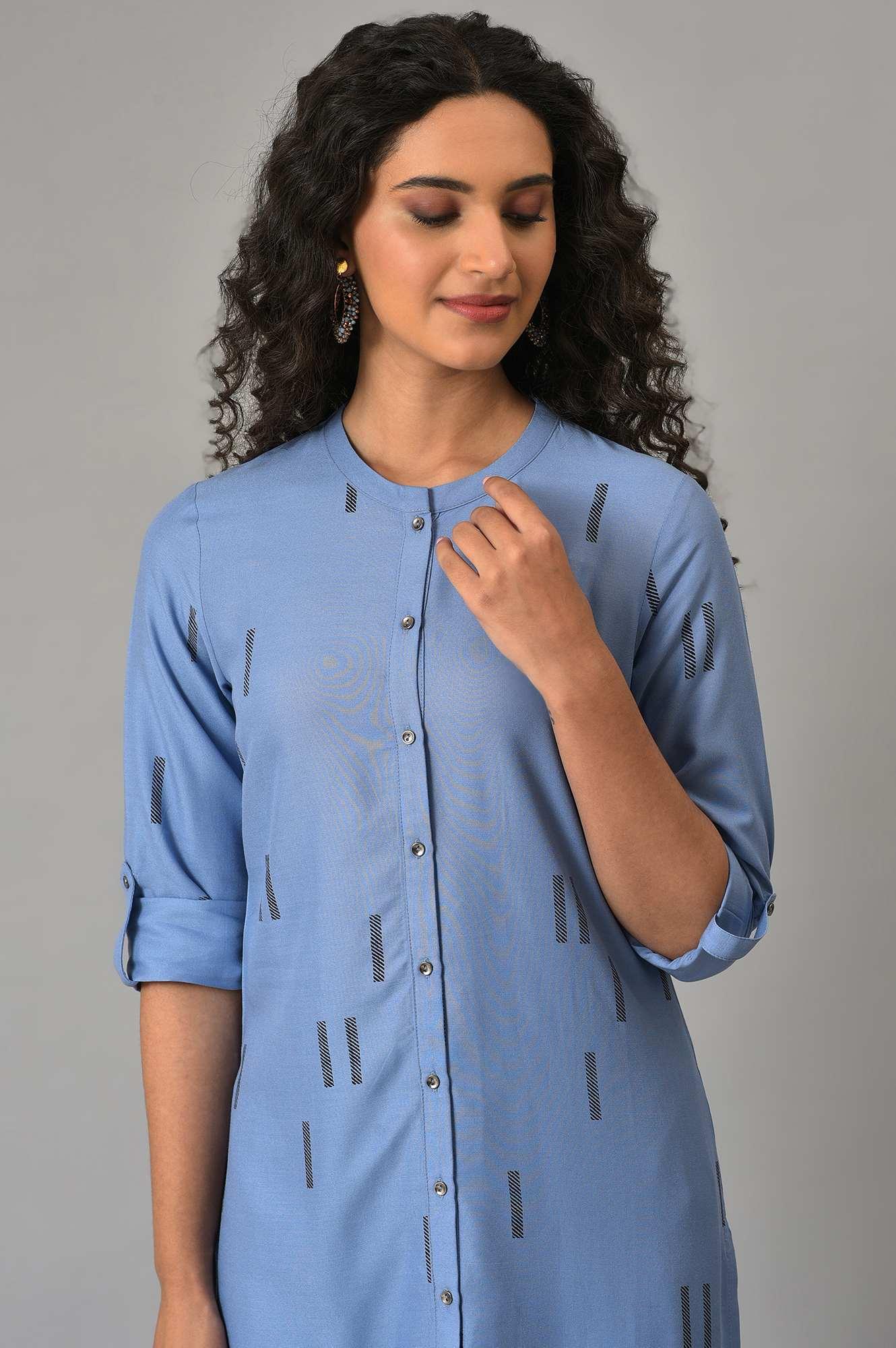Blue Geometric Print Shirt kurta - wforwoman