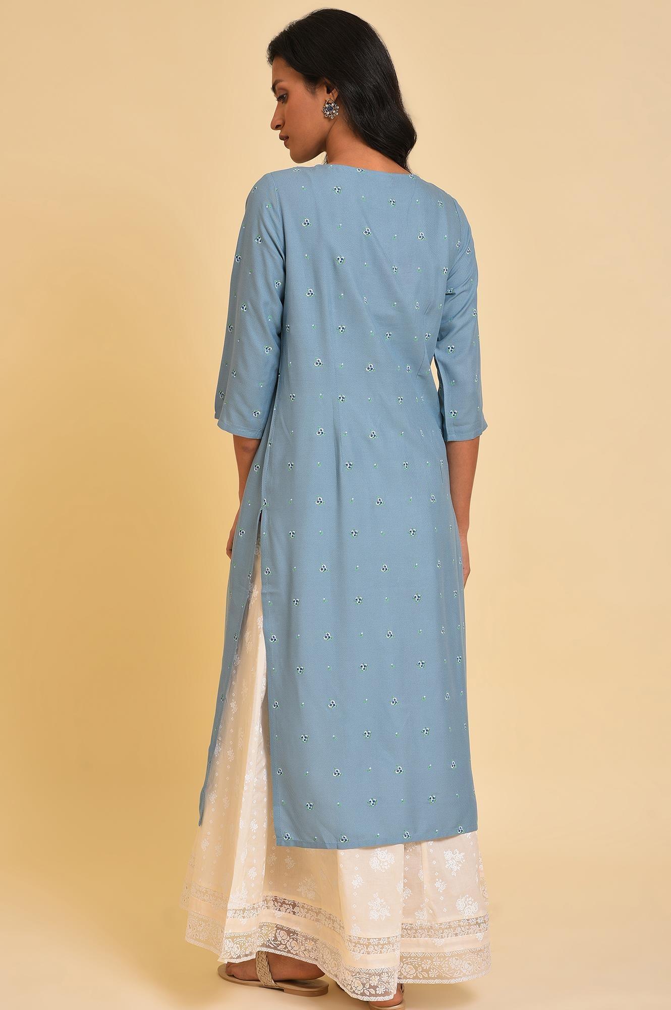 Blue Printed kurta With Embroidery - wforwoman