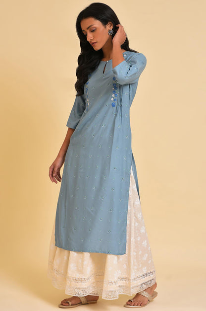 Blue Printed kurta With Embroidery