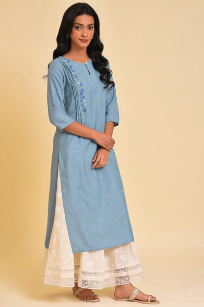 Blue Printed kurta With Embroidery