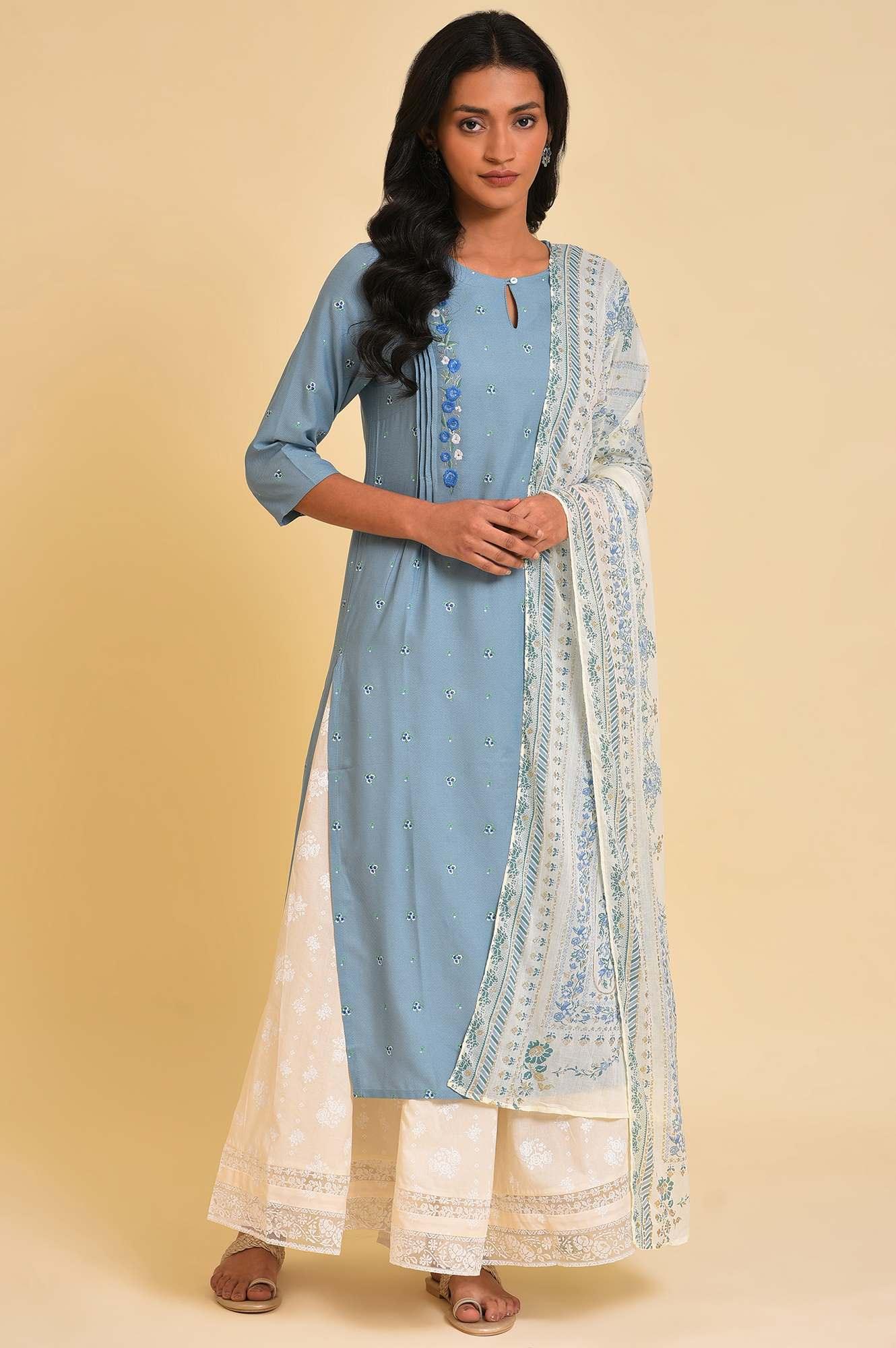 Plus Size Blue Printed kurta With Embroidery