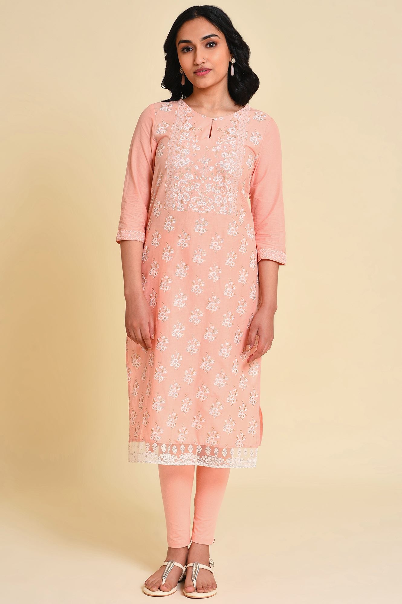 Peach Glitter Printed Kurta - wforwoman