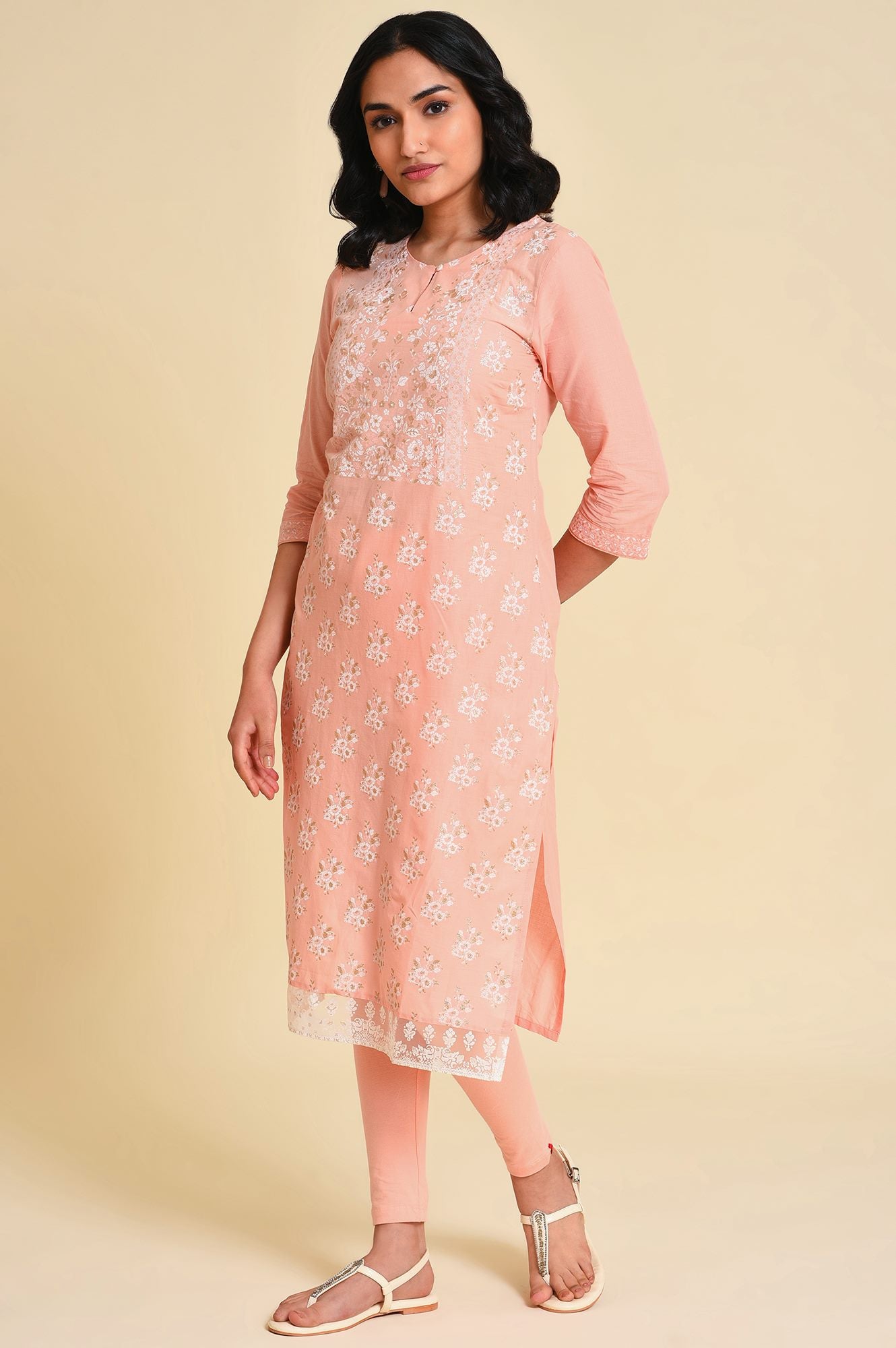 Peach Glitter Printed Kurta - wforwoman