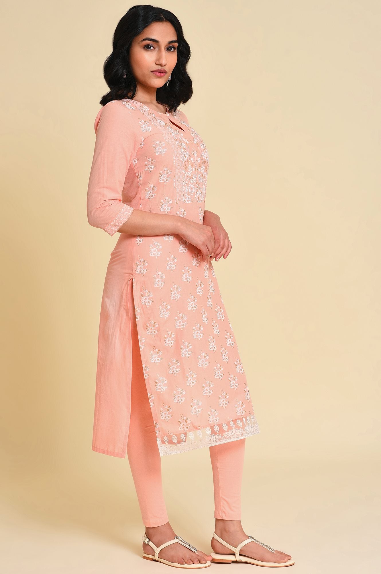 Peach Glitter Printed Kurta - wforwoman