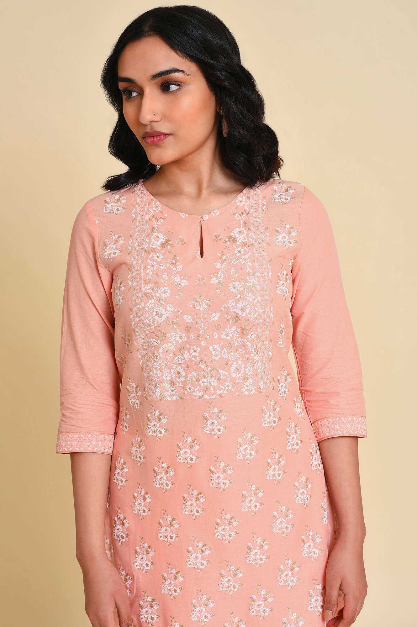 Peach Glitter Printed Kurta - wforwoman