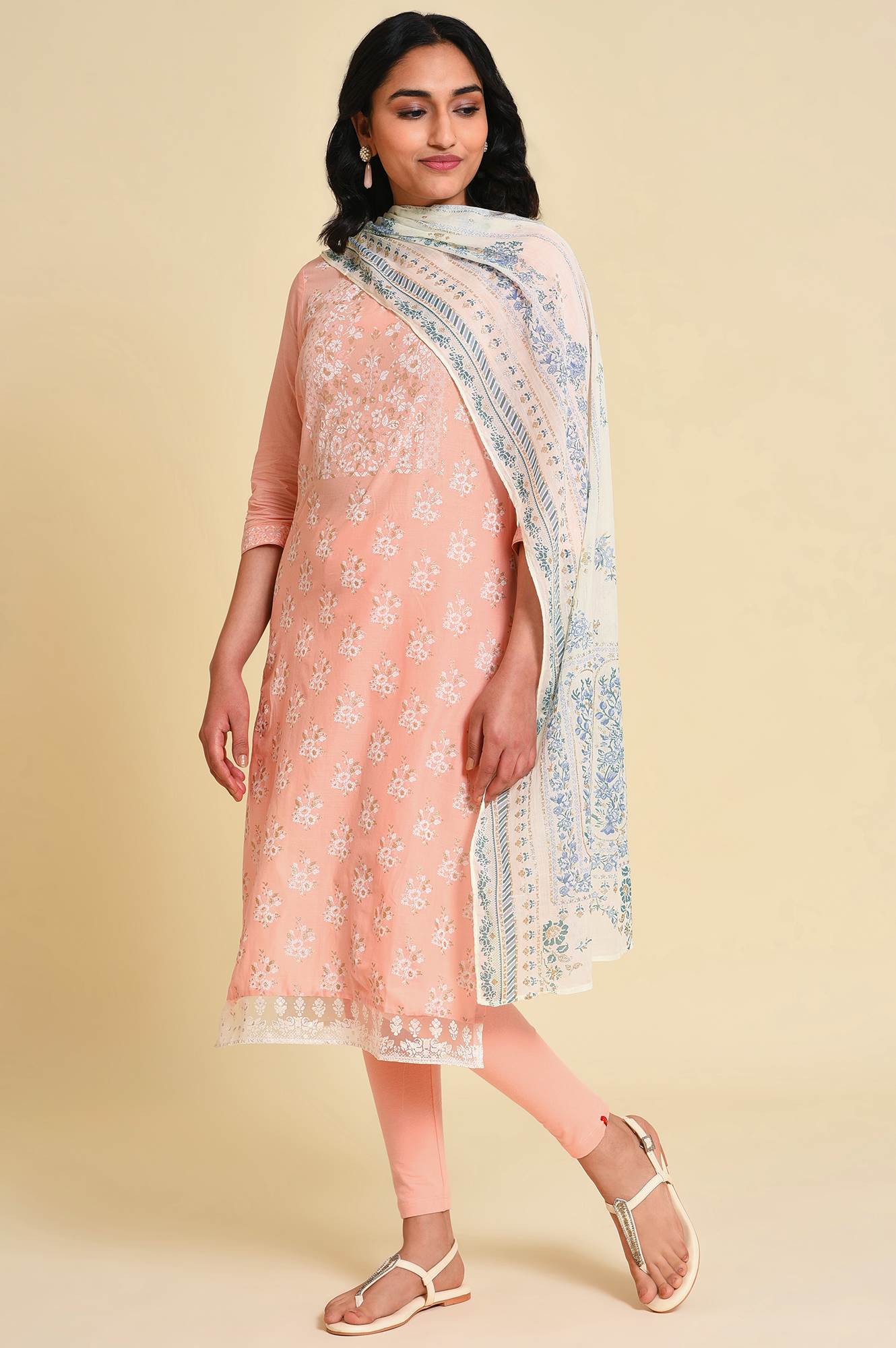 Peach Glitter Printed Kurta - wforwoman