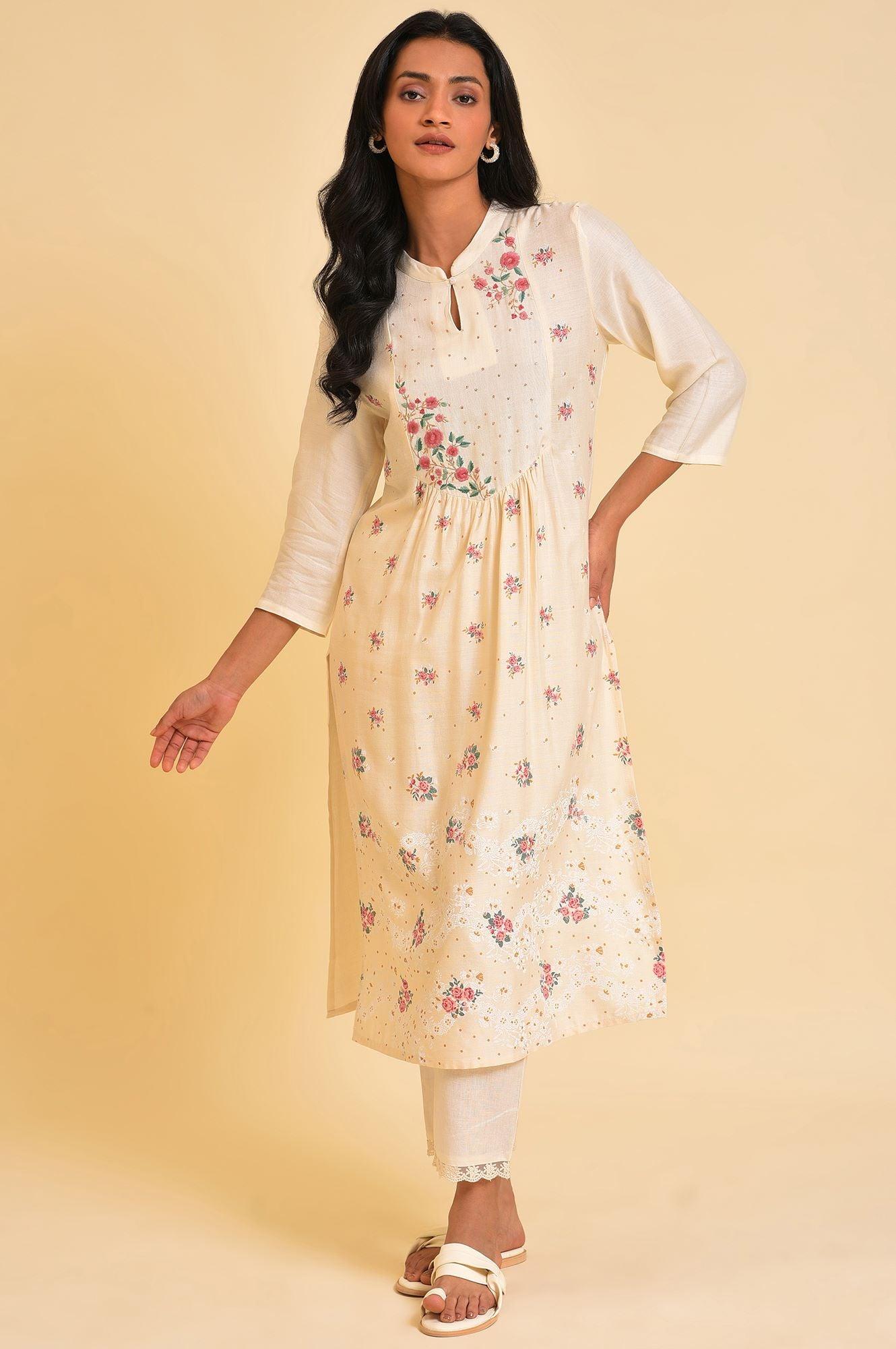 Biege Floral Printed Festive kurta - wforwoman