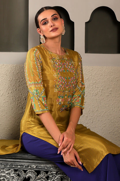 Yellow Geometric Printed Shantung Straight Kurta with Embroidered Yoke