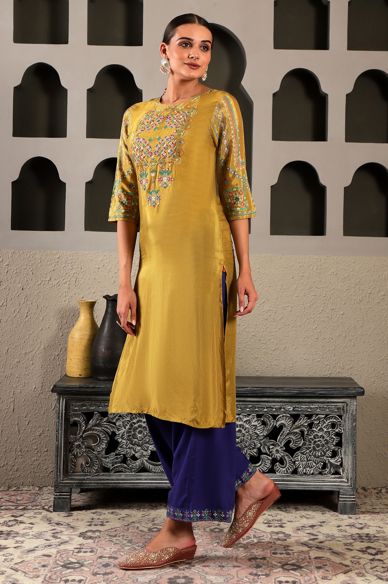 Yellow Geometric Printed Shantung Straight Kurta with Embroidered Yoke