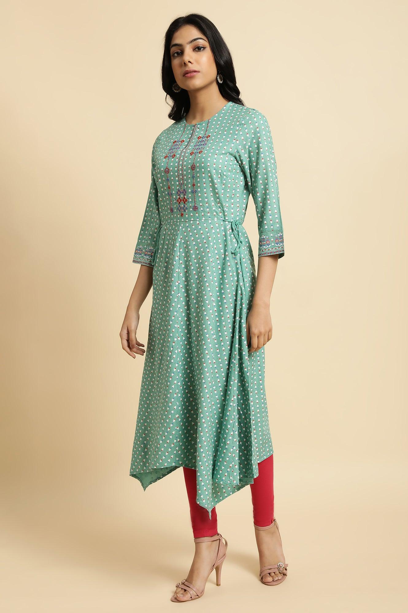 Green Embroidered Plus Size Asymmetric kurta - wforwoman