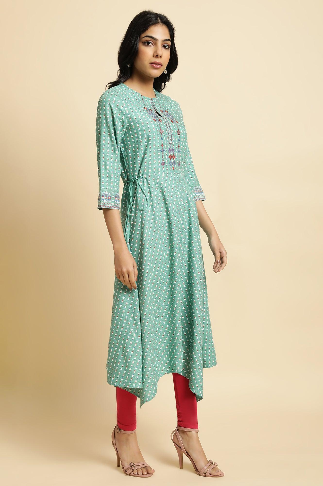 Green Embroidered Plus Size Asymmetric kurta - wforwoman