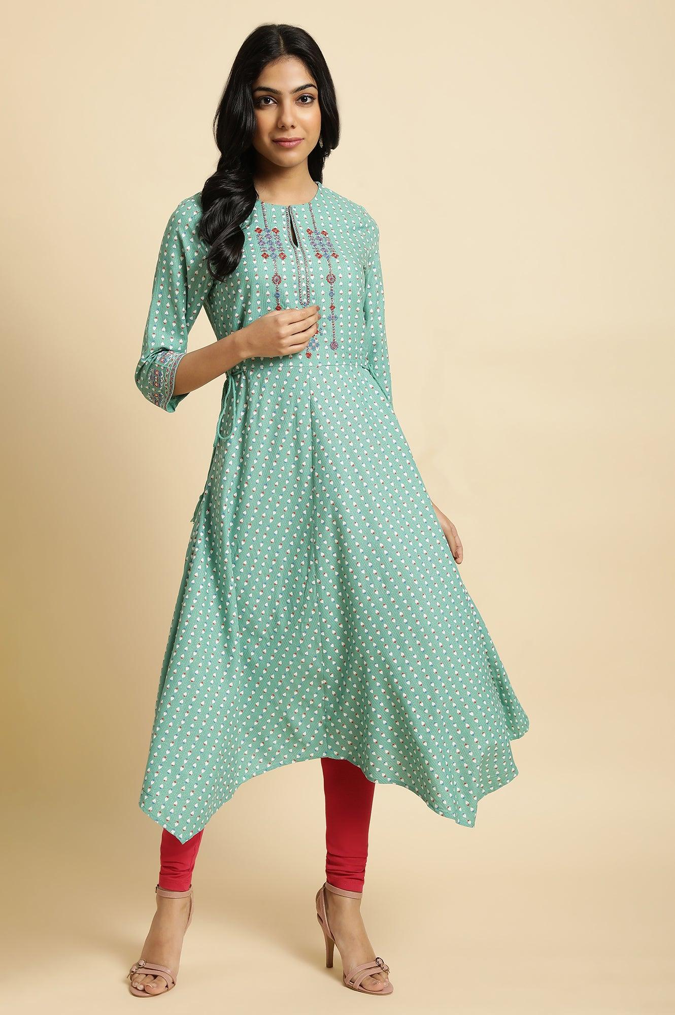 Green Embroidered Plus Size Asymmetric kurta - wforwoman