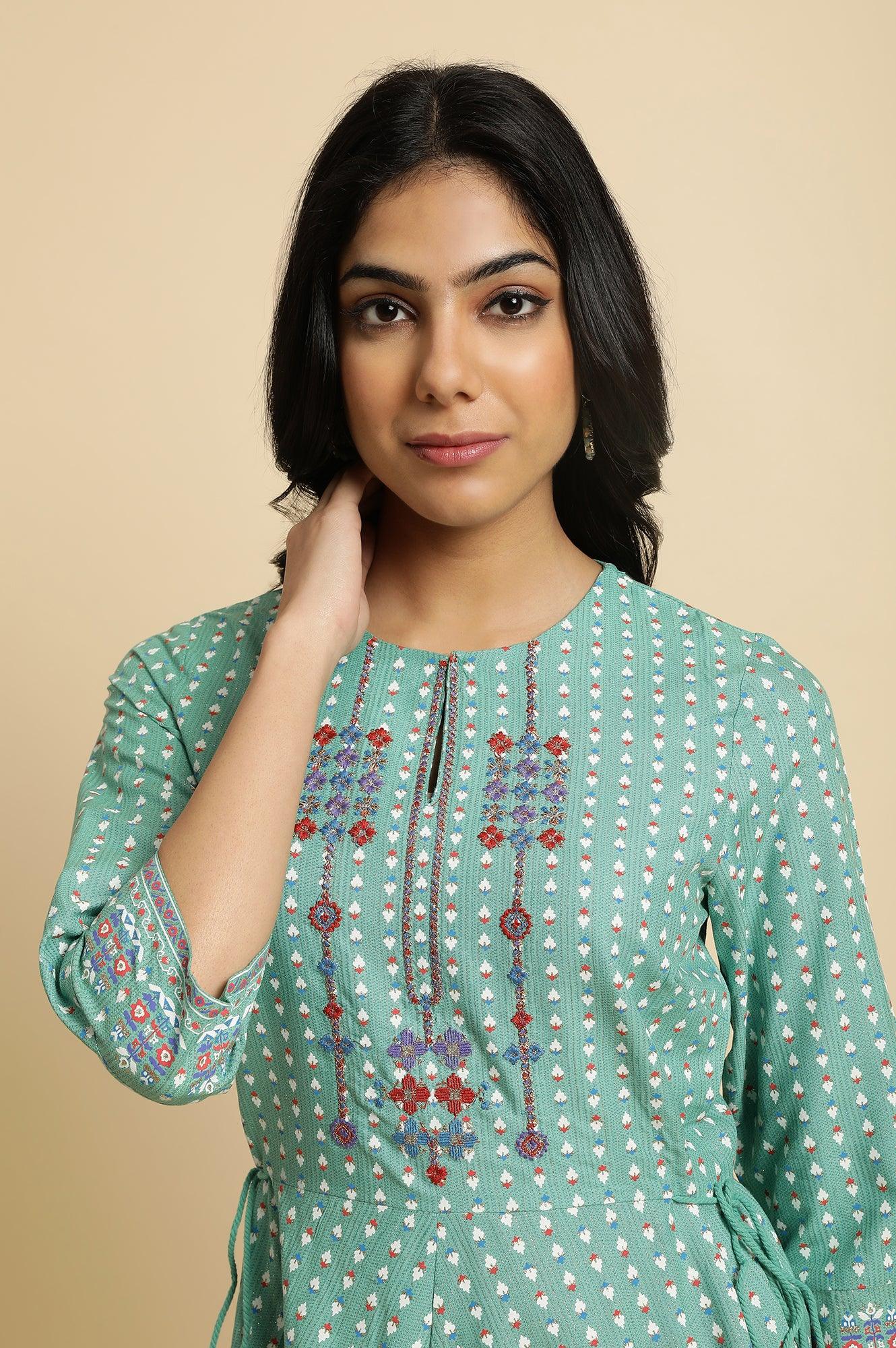Green Embroidered Asymmetric kurta - wforwoman