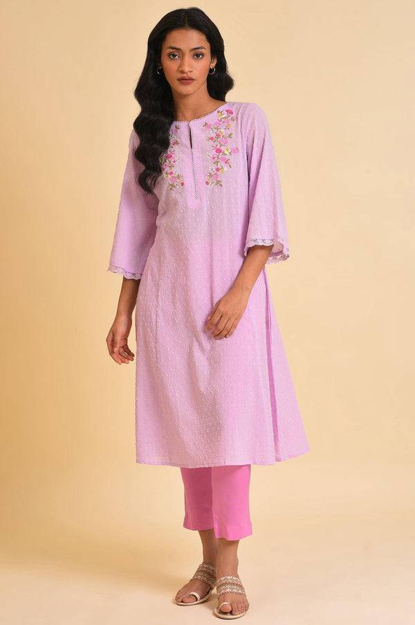 Plus Size Light Purple Embroidered Cotton kurta