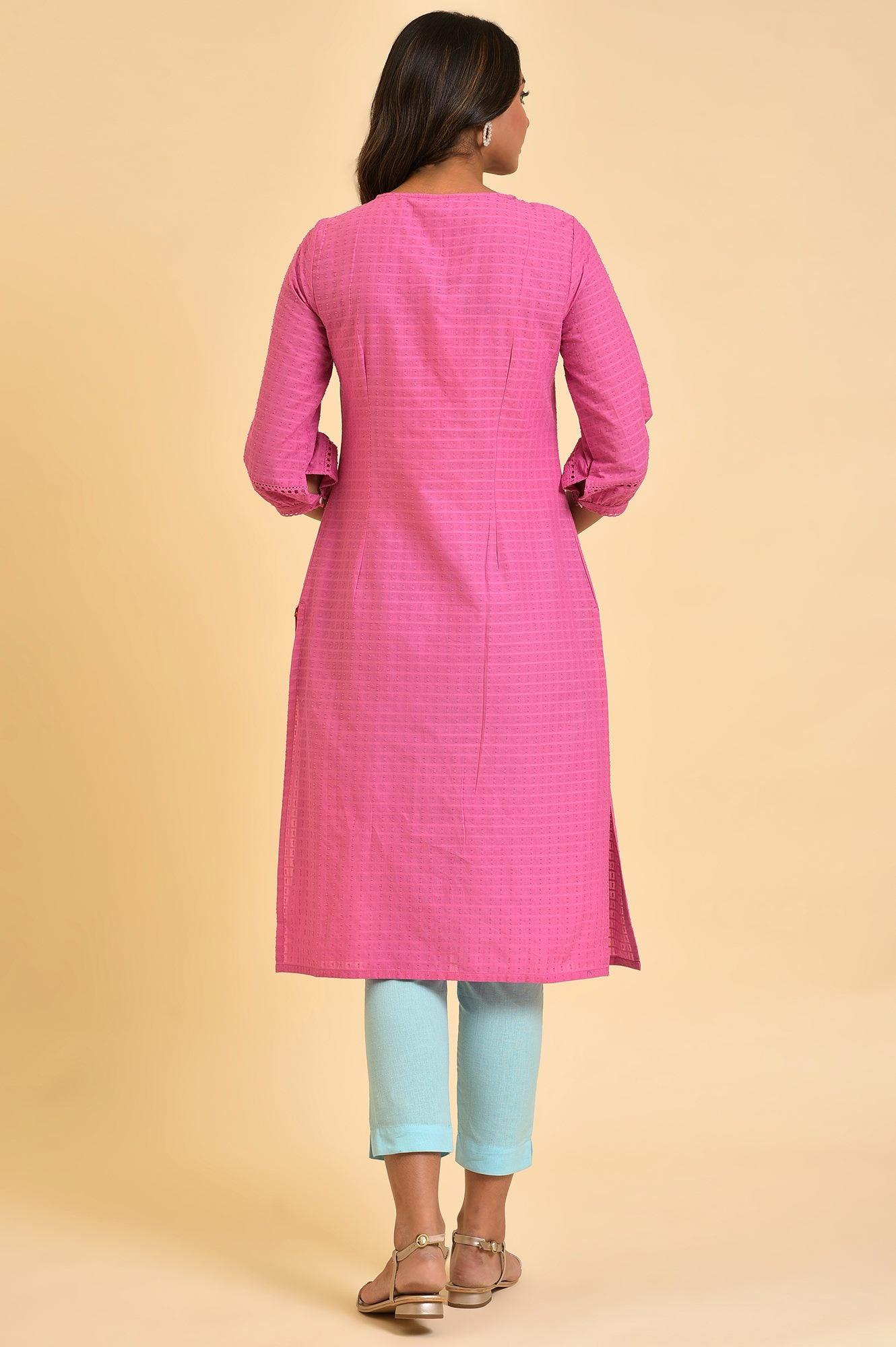 Pink Floral Embroidered kurta In Textured Fabric - wforwoman