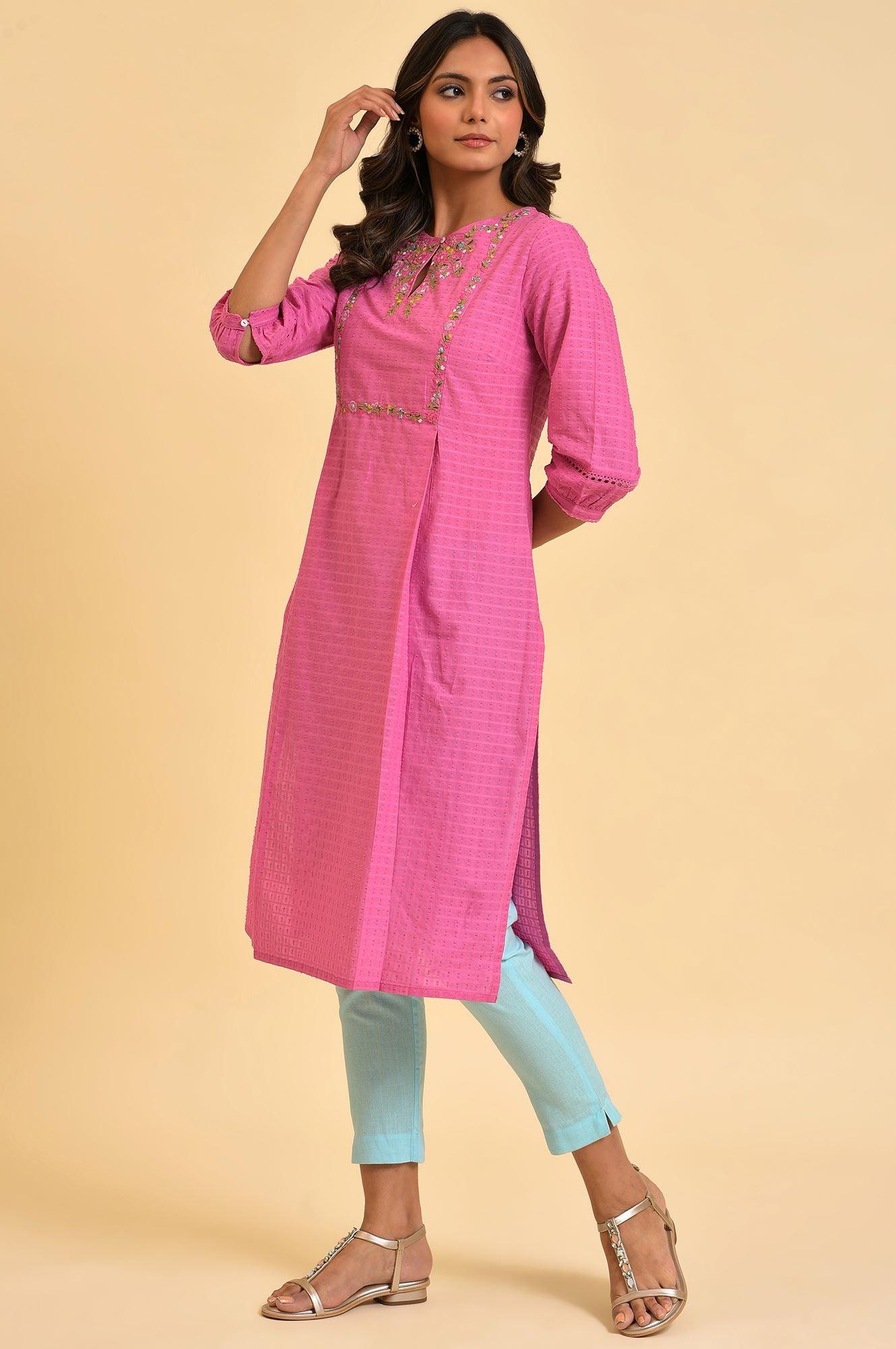 Pink Floral Embroidered kurta In Textured Fabric - wforwoman