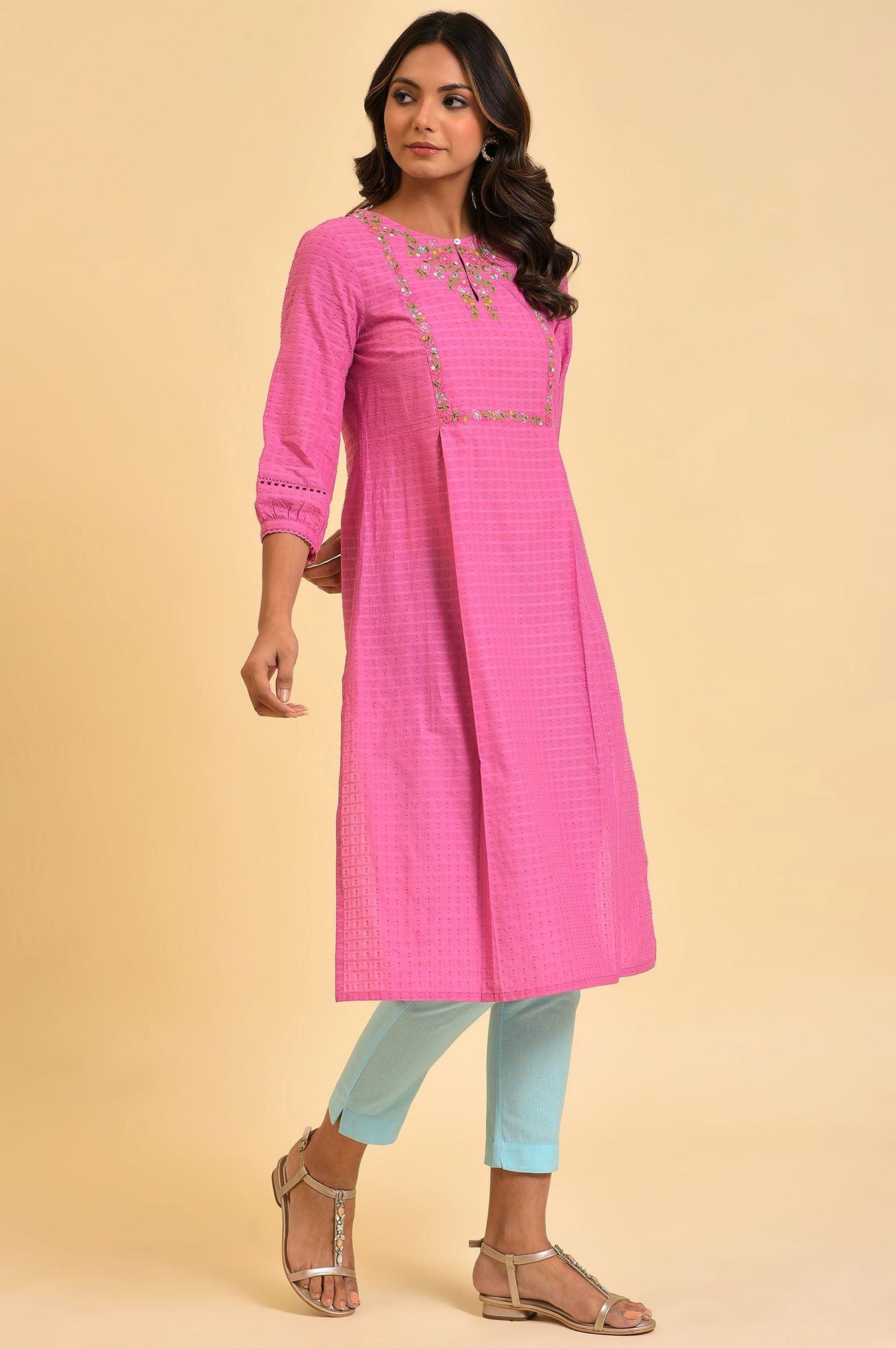 Plus Size Pink Floral Embroidered kurta In Textured Fabric - wforwoman