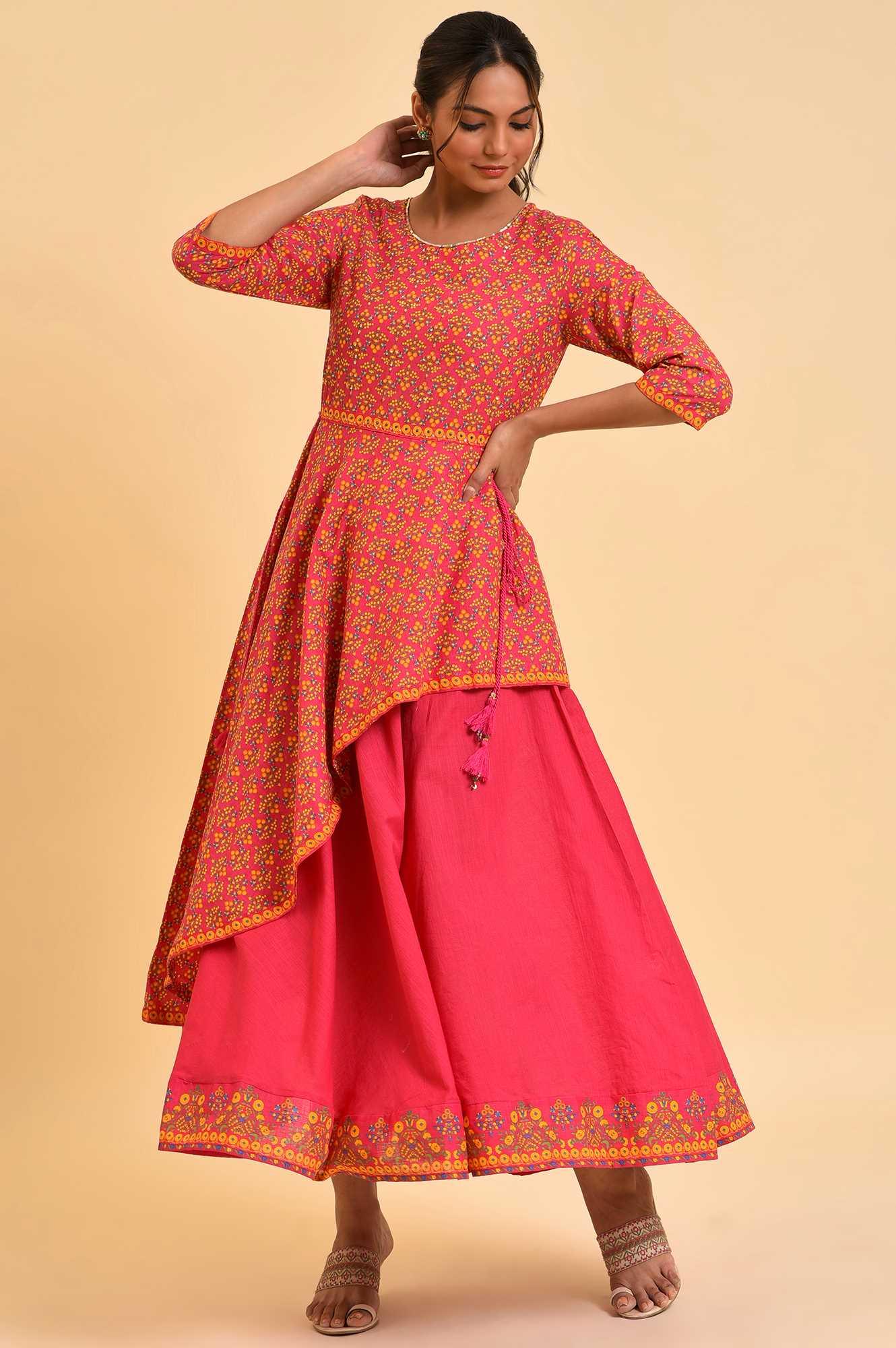 Pink Printed Asymmetrical Festive Dress - wforwoman