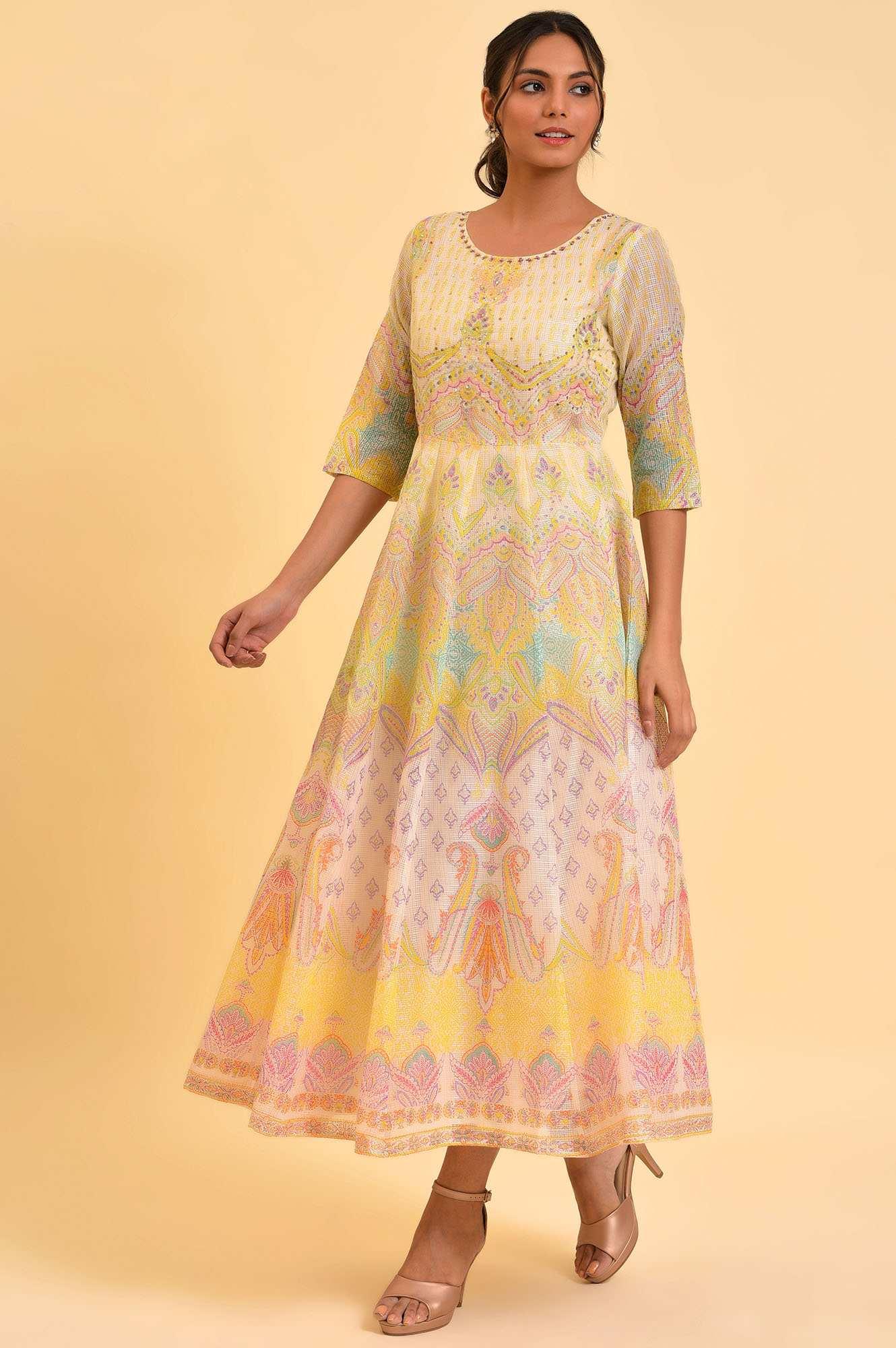 Light Yellow Printed Kota Maxi Dress - wforwoman