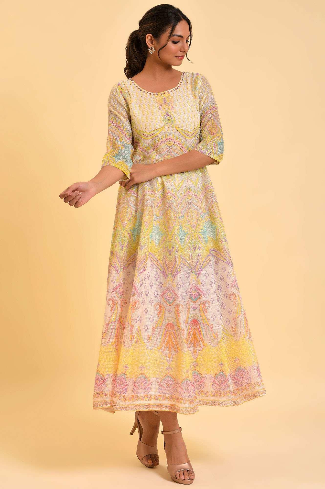 Light Yellow Printed Kota Maxi Dress - wforwoman