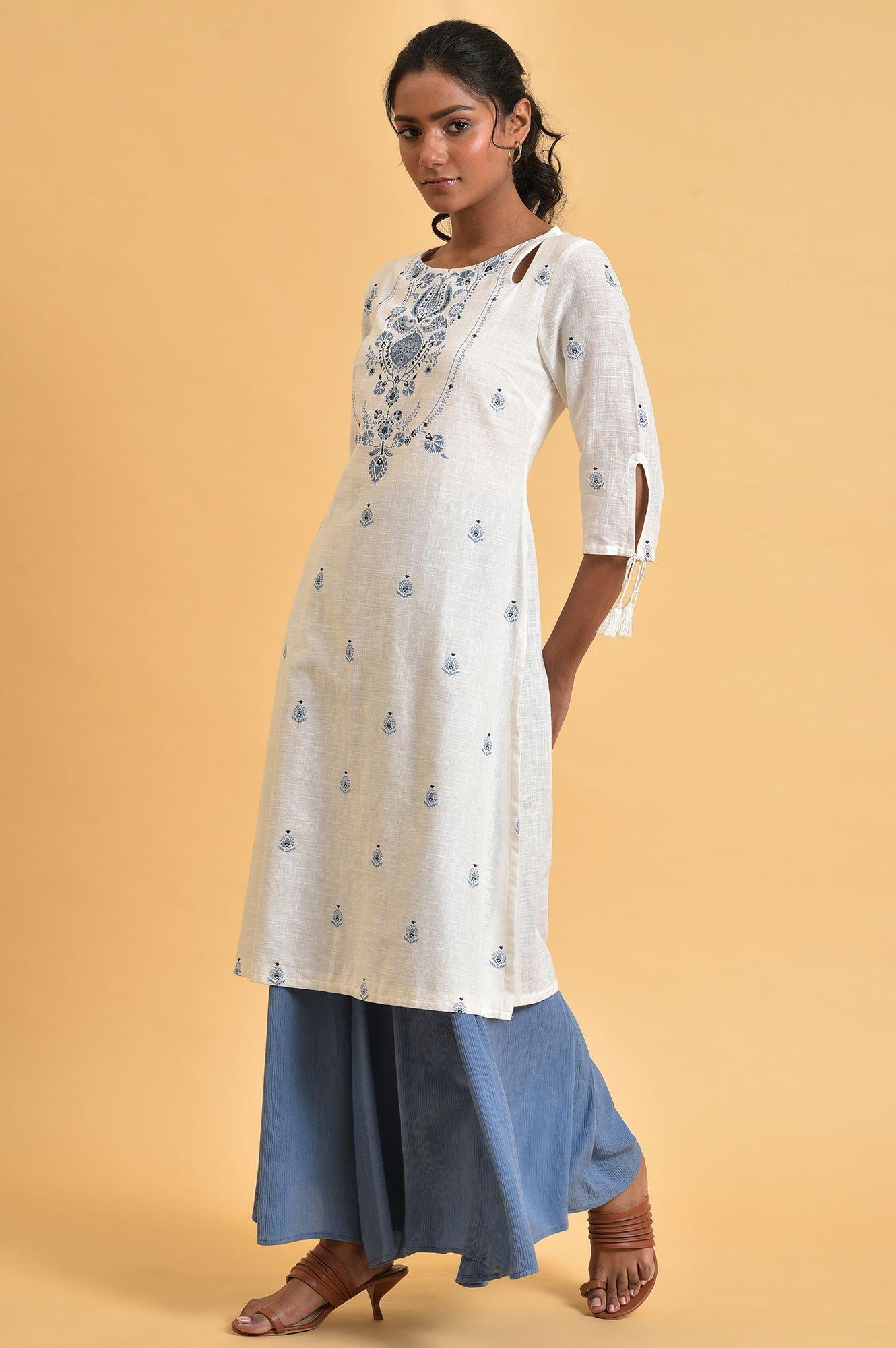 White Floral Print Summer kurta - wforwoman