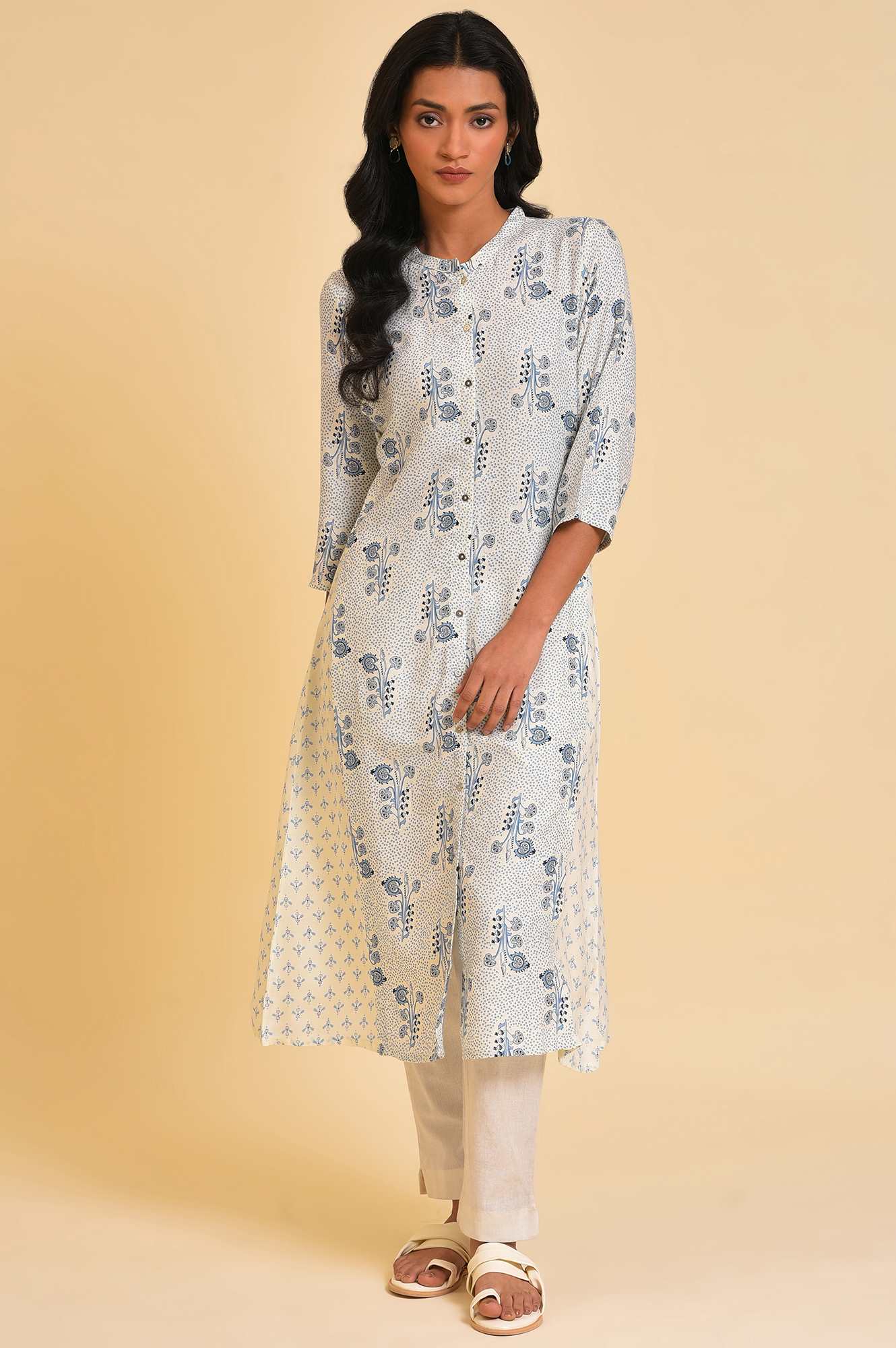 White Printed Button Down Kurta - wforwoman