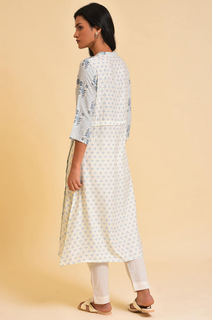 White Printed Button Down Kurta - wforwoman