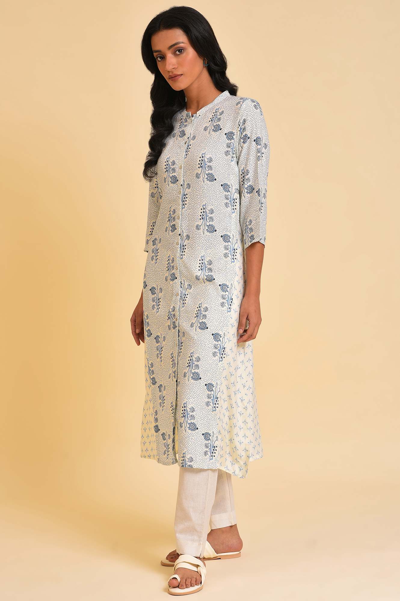 White Printed Button Down Kurta - wforwoman