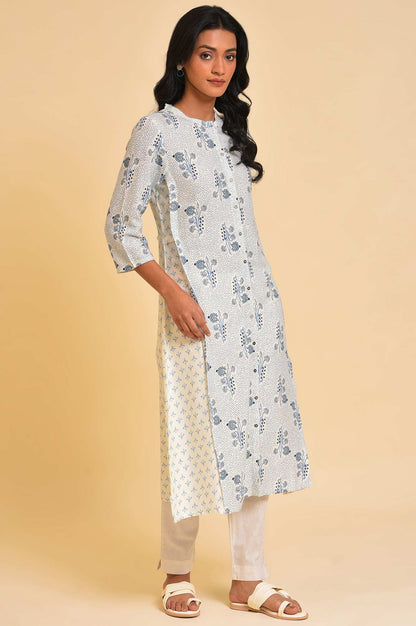 White Printed Button Down Kurta - wforwoman