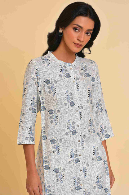 White Printed Button Down Kurta - wforwoman