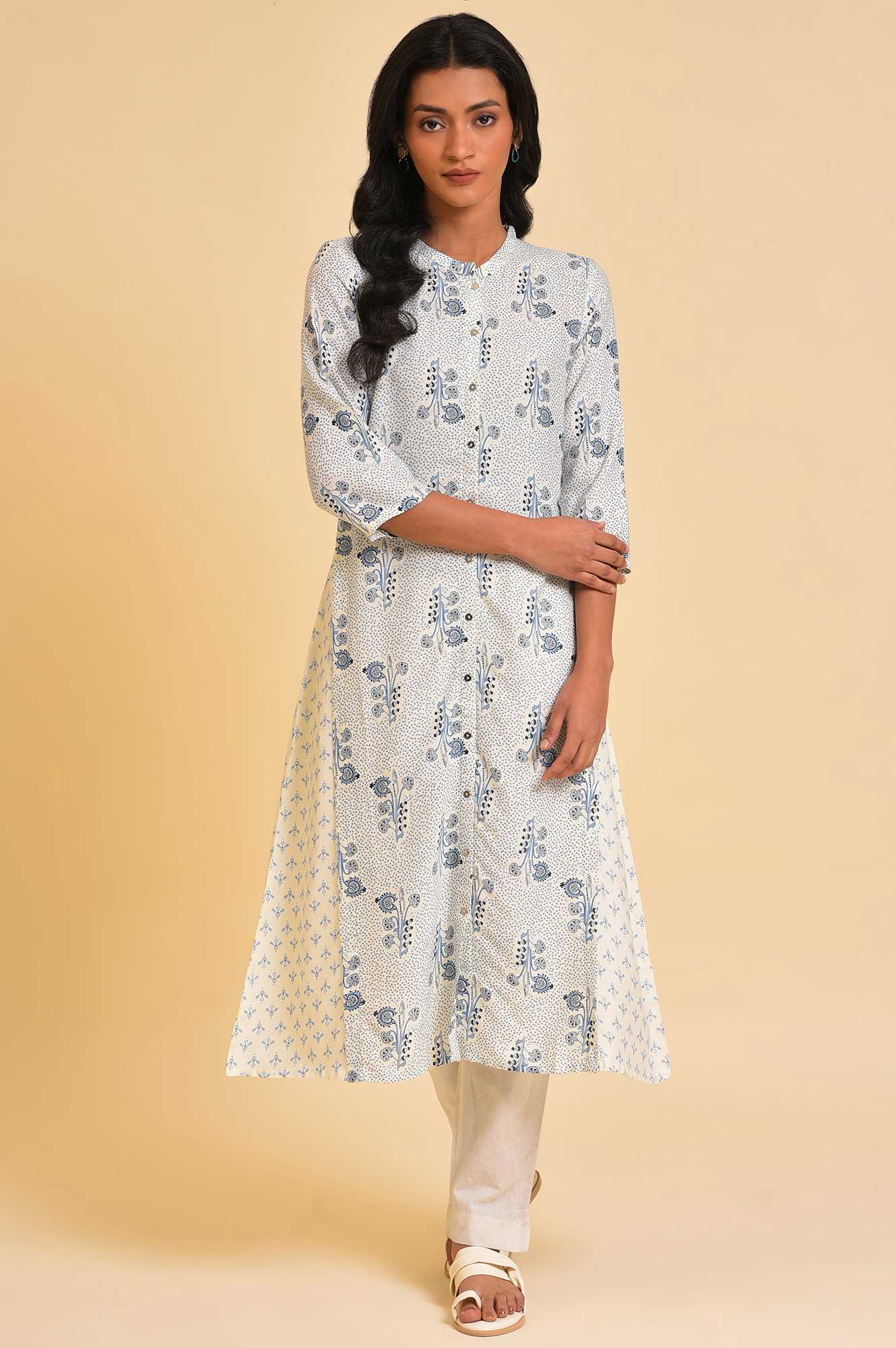 White Printed Button Down Kurta - wforwoman