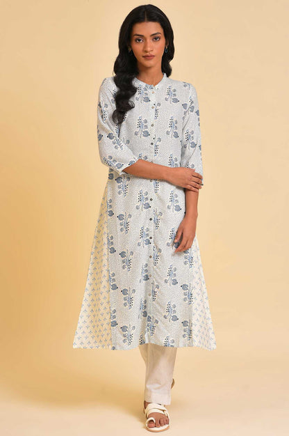 White Printed Button Down Kurta - wforwoman