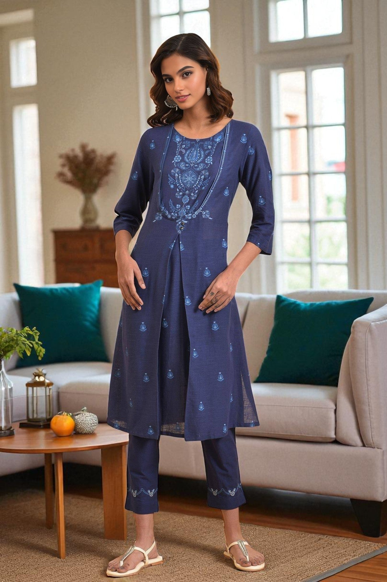 Navy Blue Floral Printed Round Neck kurta