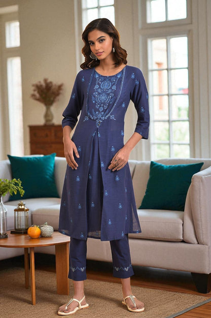 Navy Blue Floral Printed Round Neck kurta