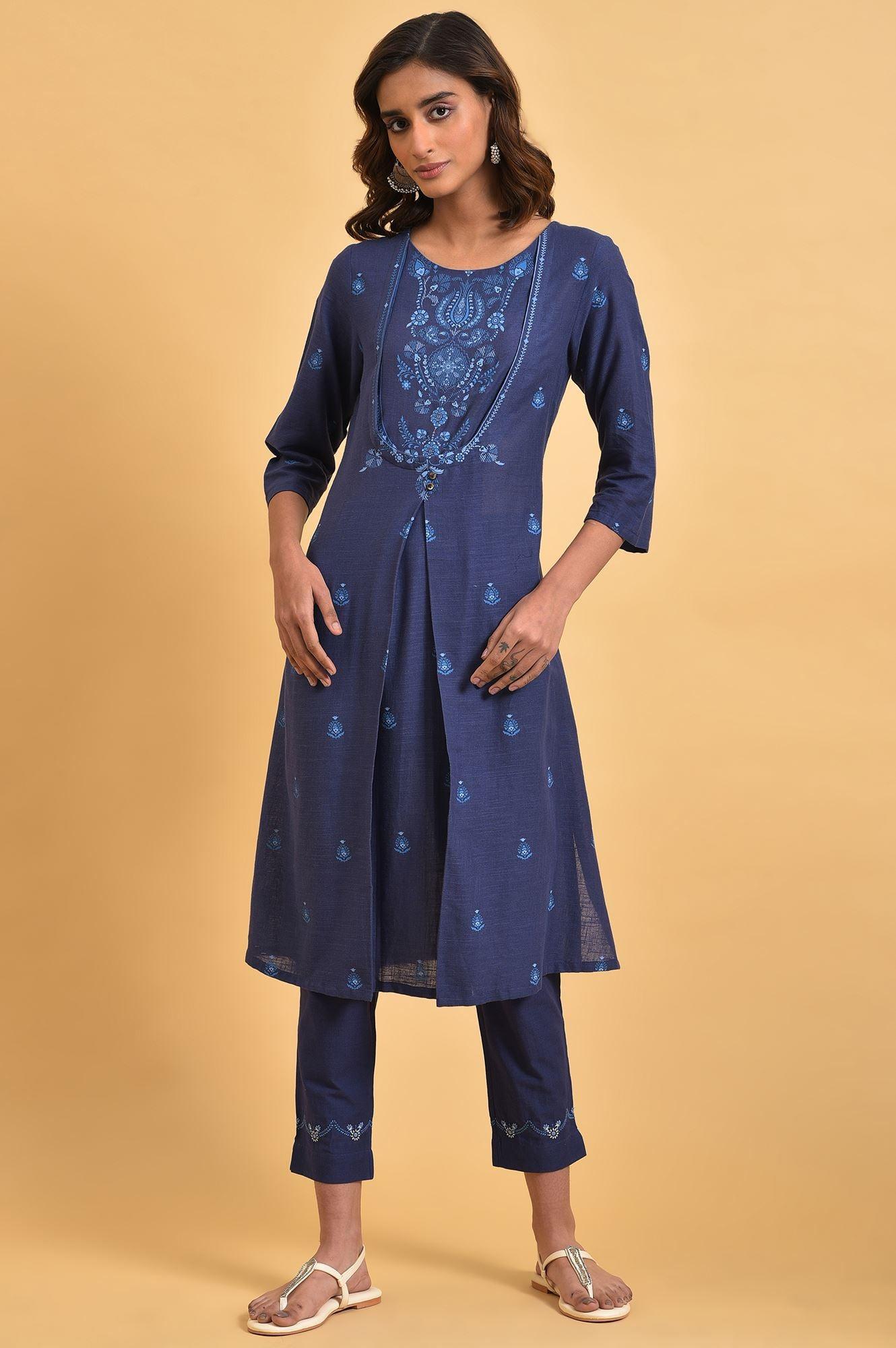 Navy Blue Floral Printed Plus Size Round Neck kurta - wforwoman