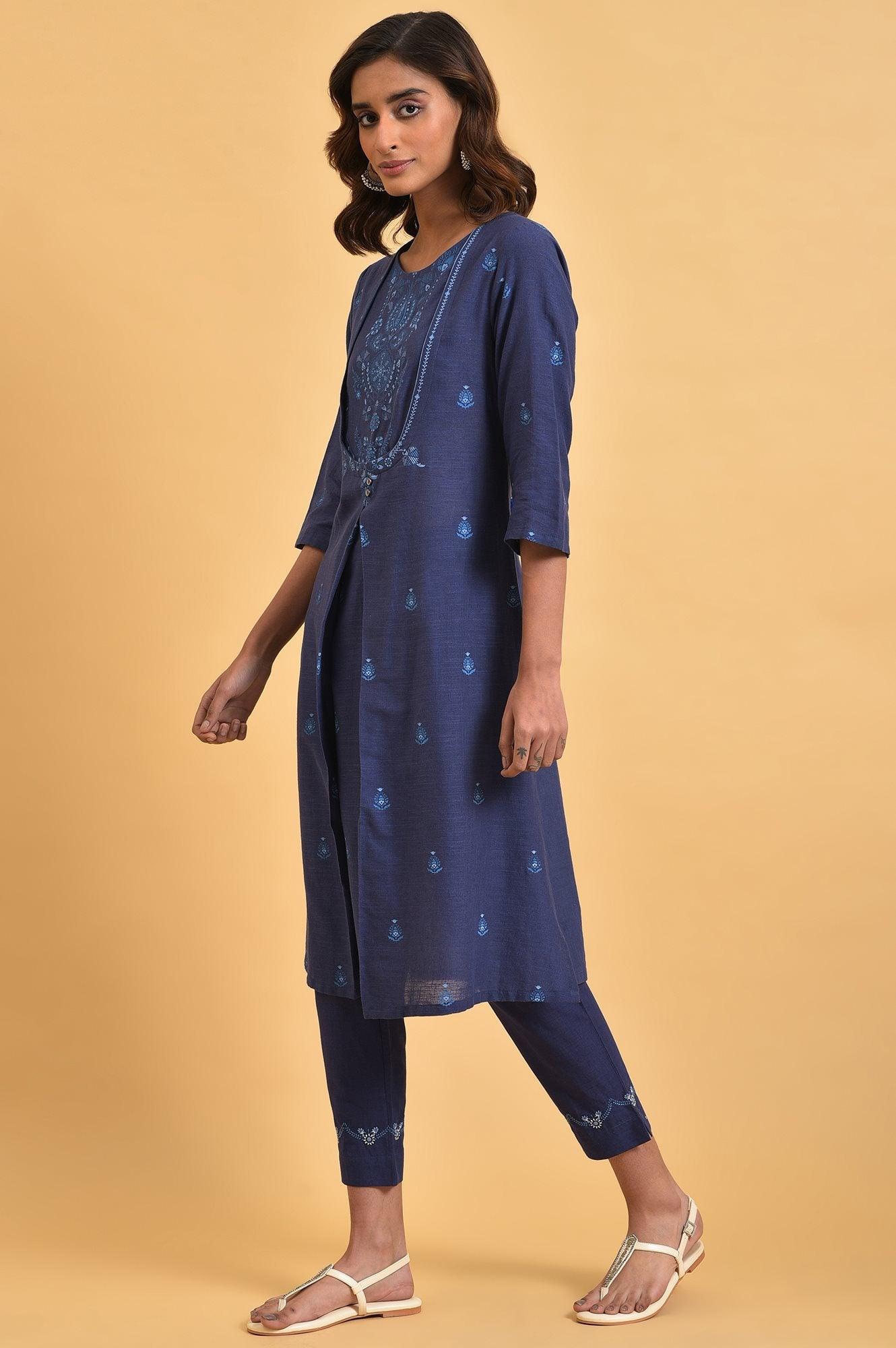 Navy Blue Floral Printed Plus Size Round Neck kurta - wforwoman