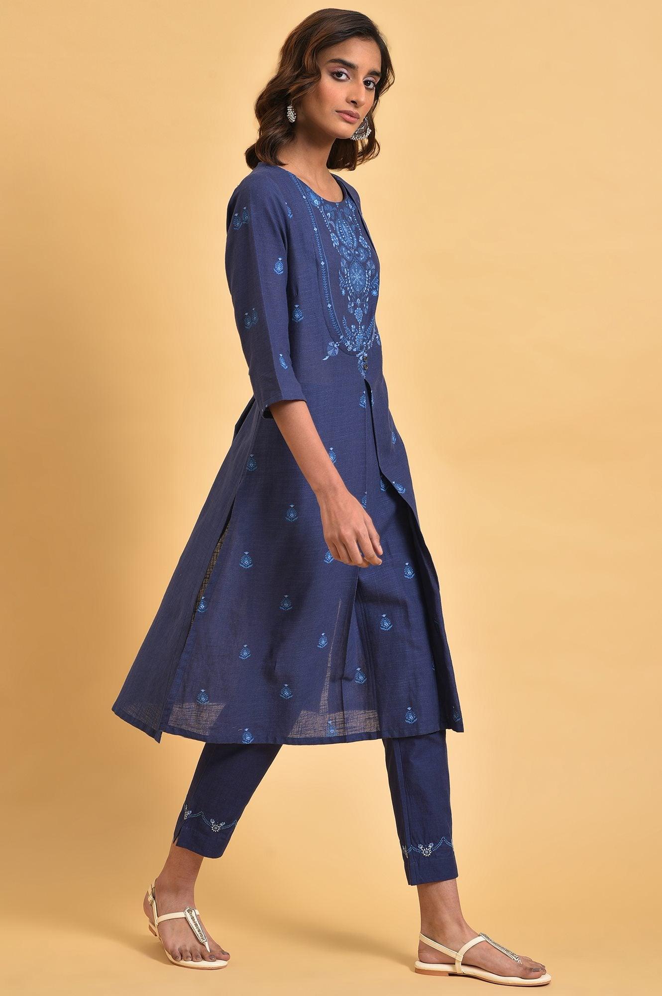 Navy Blue Floral Printed Plus Size Round Neck kurta - wforwoman