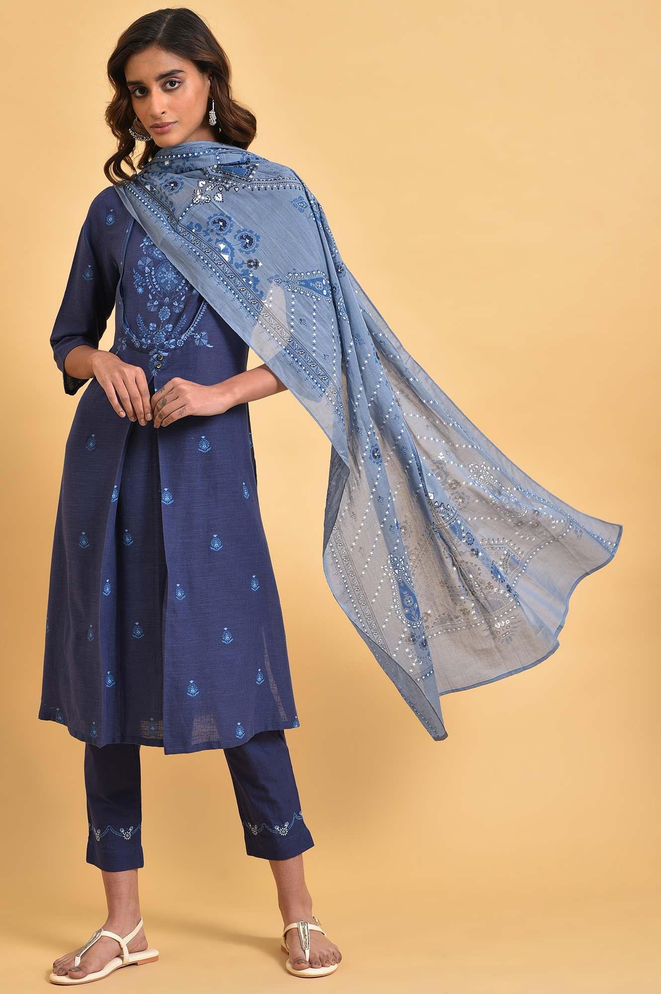 Navy Blue Floral Printed Plus Size Round Neck kurta - wforwoman