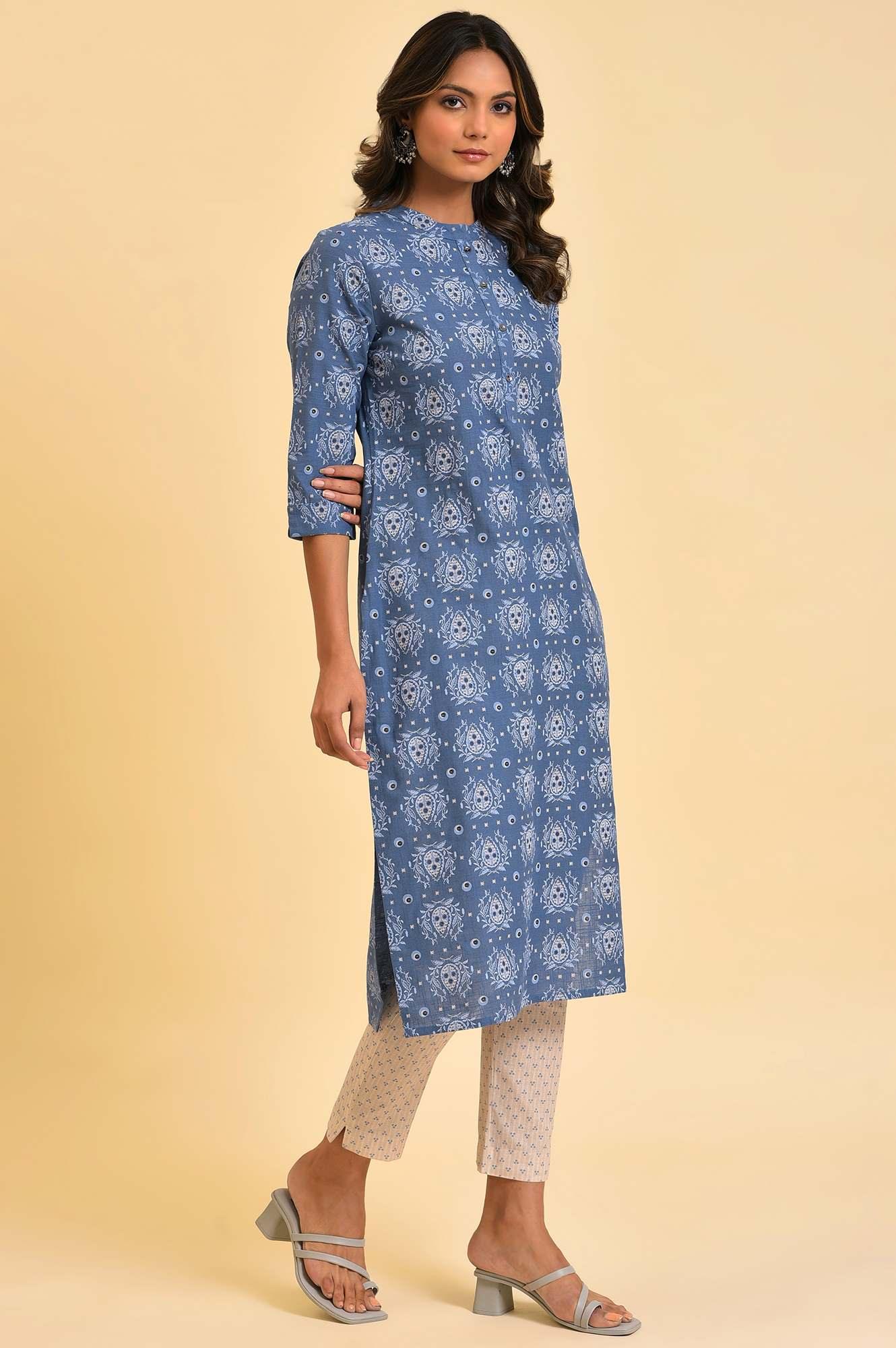 Blue Printed Straight kurta In Mandarin Collar - wforwoman