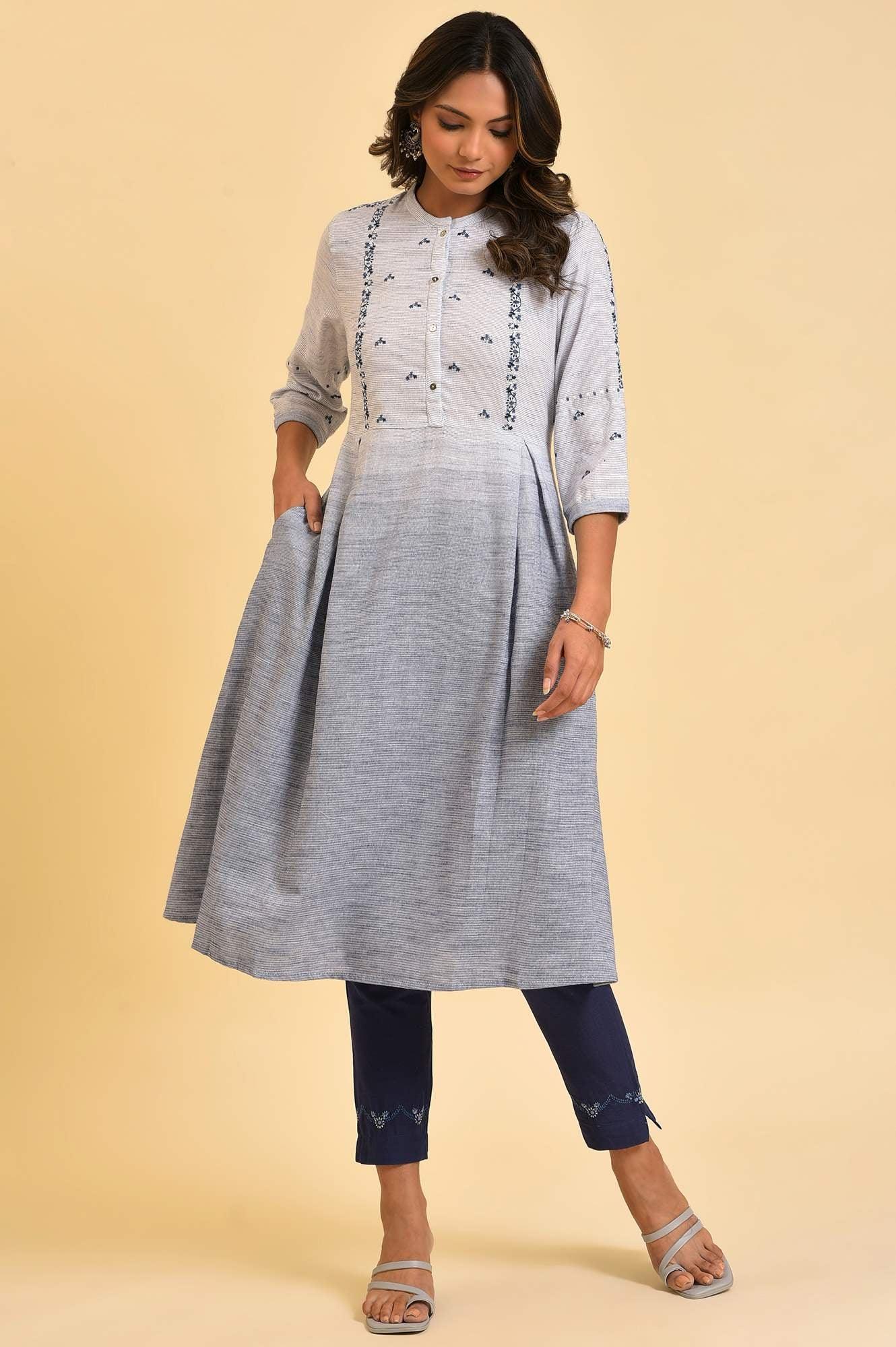 Grey And Blue Ombre A-Line Embroidered kurta - wforwoman