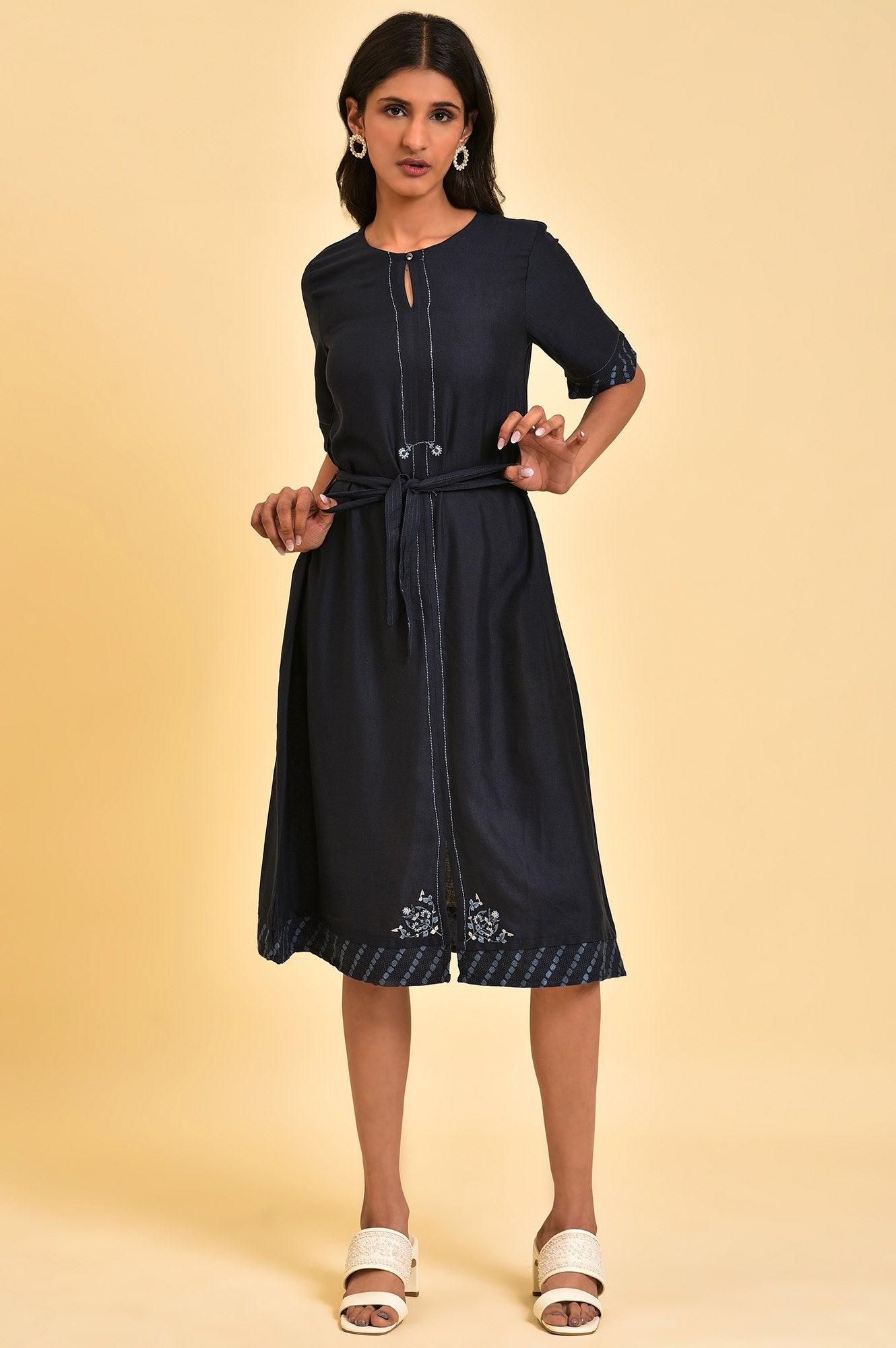 Dark Blue Embroidered A-libe Western Dress - wforwoman