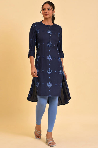 Plus Size Navy Blue Printed High-Low kurta - wforwoman