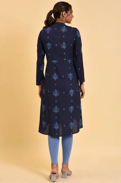 Plus Size Navy Blue Printed High-Low kurta - wforwoman