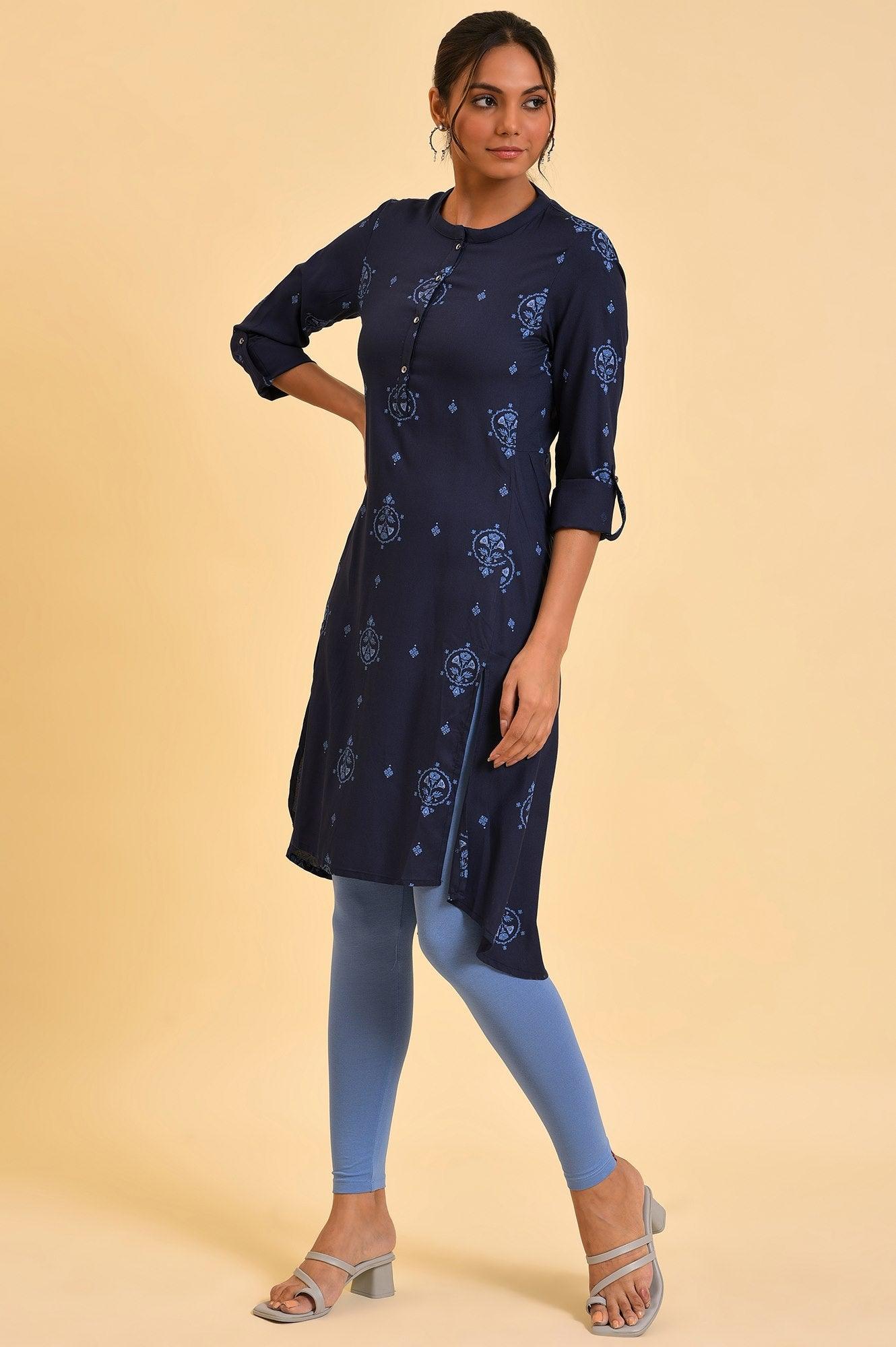 Plus Size Navy Blue Printed High-Low kurta - wforwoman