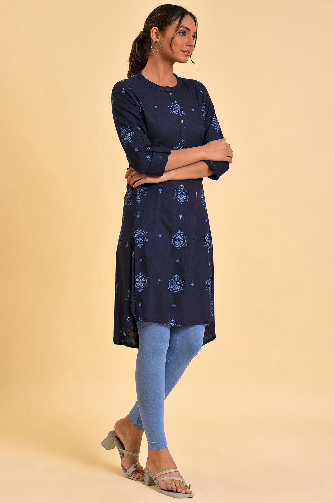 Plus Size Navy Blue Printed High-Low kurta - wforwoman