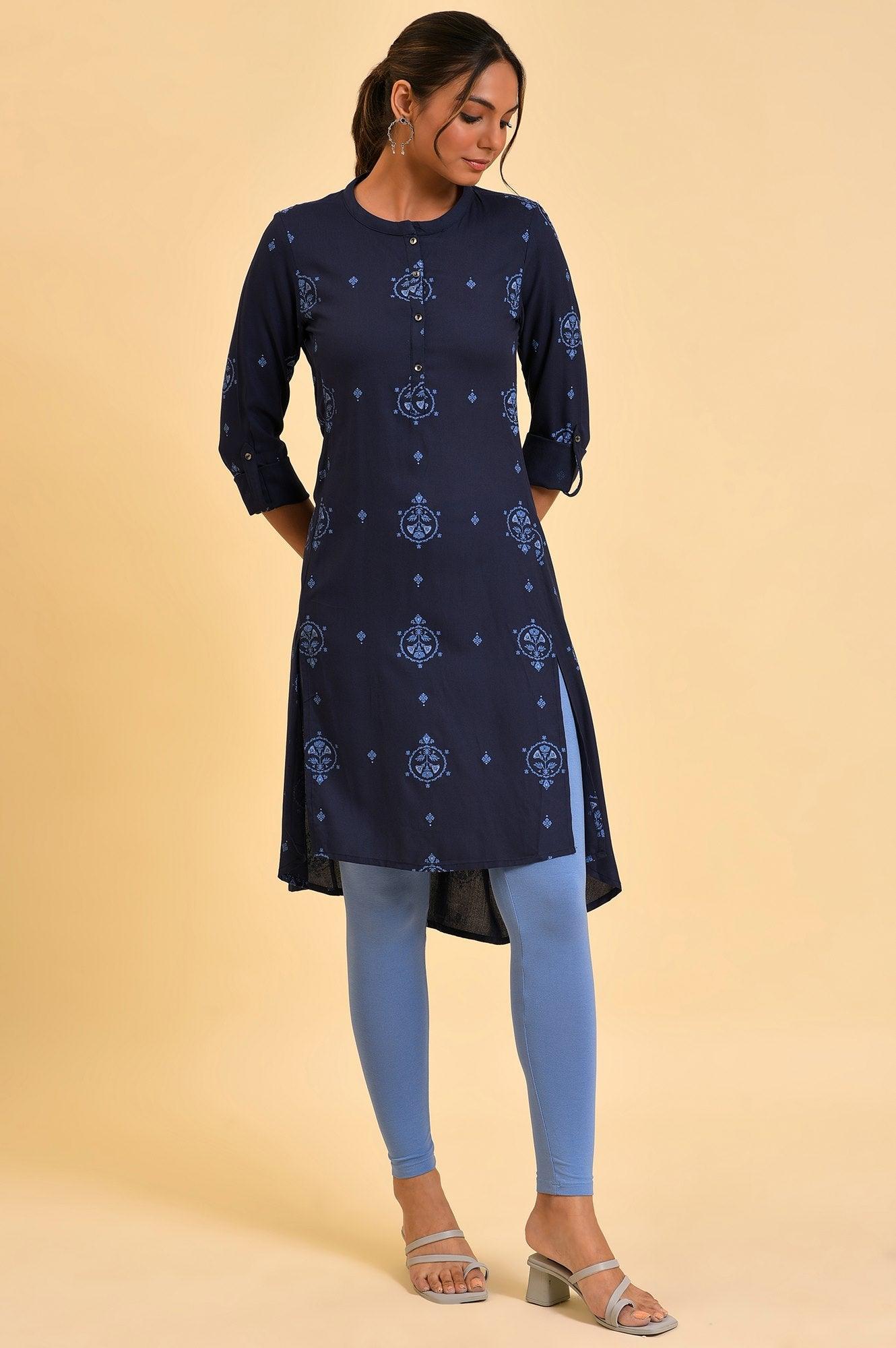 Plus Size Navy Blue Printed High-Low kurta - wforwoman