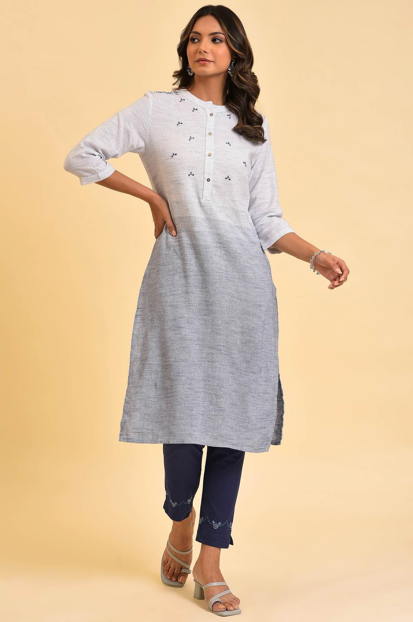 Grey And Blue Ombre Embroidered kurta - wforwoman